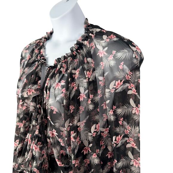 Victoria's Secret Duster M/L Black Pink Floral Sheer Chiffon Ruffle Trim Kimono - Picture 4 of 9